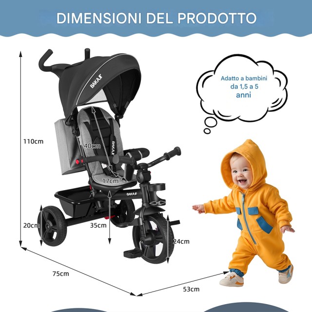 BAKAJI Παιδικό Τρίκυκλο 5 σε 1 Μαύρο με Κουκούλα, Πεντάλ και Εργονο...