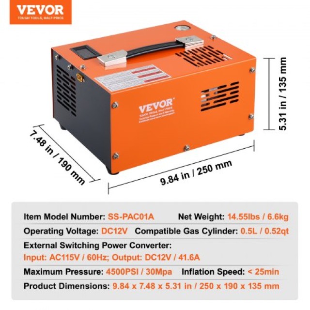 VEVOR  Συμπιεστής Αέρα PCP 4500PSI Μετατροπέας DC12V/AC230V Χειροκί...