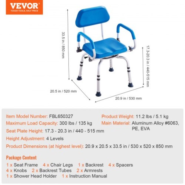 VEVOR Καρέκλα Ντους 360° με Περιστρεφόμενα Μπράτσα & Μαξιλαρωμένο Κάθισμα 300LBS  GDSYGZYTLSLKVG9ABV0