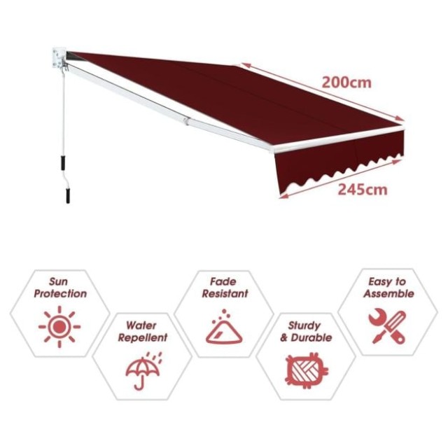 Costway Κινούμενη Τέντα 2,5 x 2 μ με UV & Αδιάβροχο Υλικό & Μανιβέλ...
