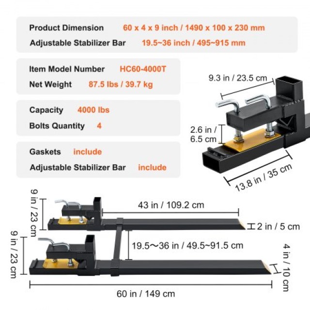 Περόνες Παλετών VEVOR 2000 lbs, 43 με Ρυθμιζόμενη Μπάρα Σταθεροποίησης για Τρακτέρ  HCS60INCH400083LFV0