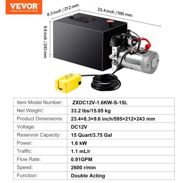 VEVOR Υδραυλική Αντλία 15L Διπλής Ενέργειας για Τρέιλερ DC 12V  YXYYB12VZLDJ3VIN2V0