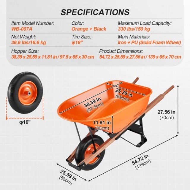 VEVOR Καρότσι Κήπου 6 Cu Ft 150 kg Μονής Ρόδας  FDL2LHYTC1JL101ICV0
