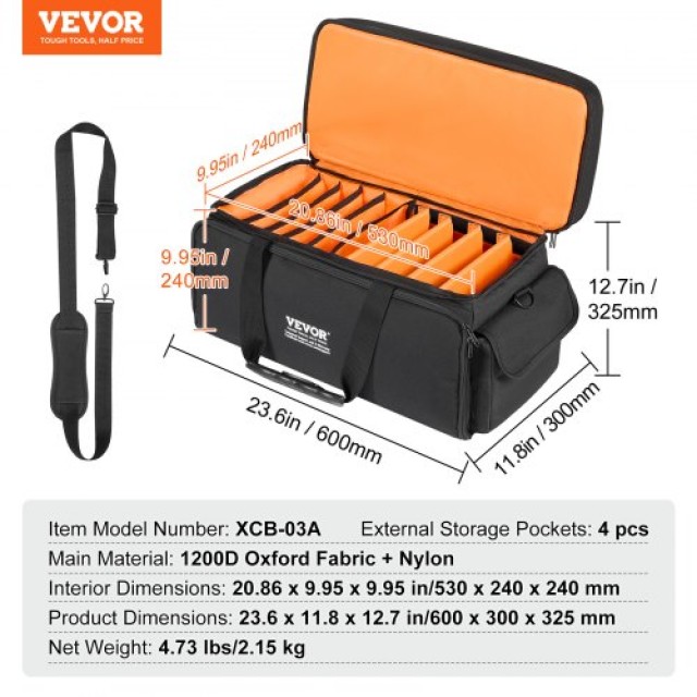 VEVOR  Τσάντα DJ Καλωδίων, Υφασμα 1200D Oxford, Τσάντα DJ με 9 Αποσπώμενα Διαχωριστικά, Λουρί Ώμου 4.92 ft, Πλαστική Βάση, 23.6 x 11.8 x 12.7 in για DJ Εξοπλισμό DJSNB1200DNJTF6JEV0