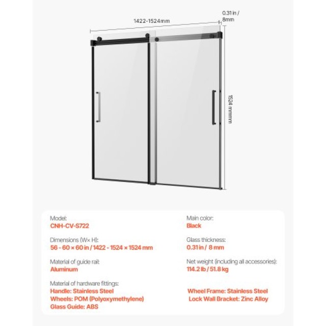 VEVOR Συρόμενη Πόρτα Μπανιέρας 56-60x60 εκ. TLYGM60W62HI3IDVNV0