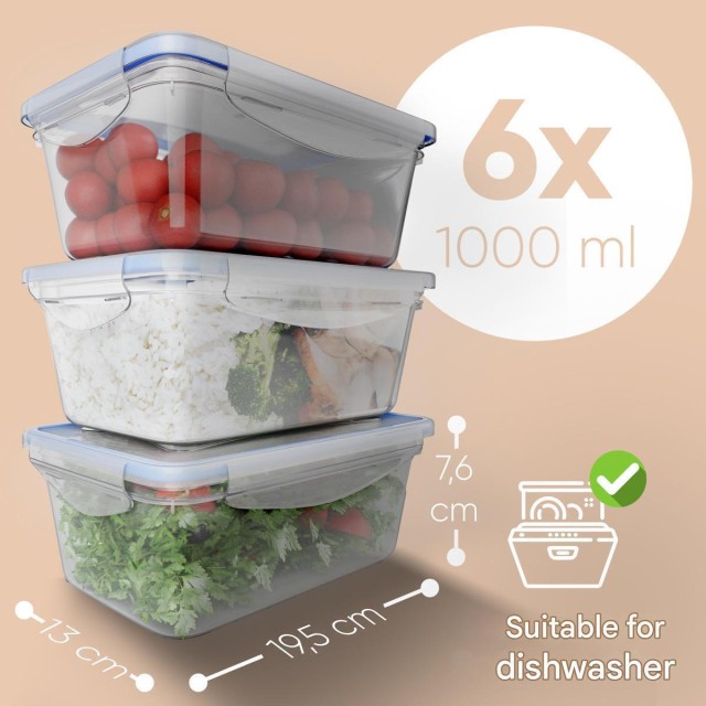 Σετ 6 Πλαστικά Δοχεία Φαγητού 1L με Καπάκια 19.5 x 7.6 x 13cm - Διά...