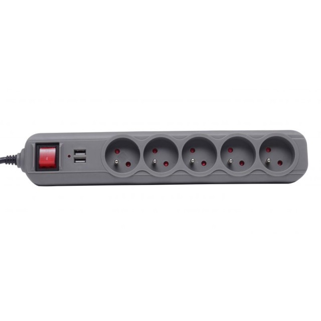 Πολύπριζο με 5 Υποδοχές + 2 Θύρες USB & Καλώδιο 1,5m Γκρι KD-4033