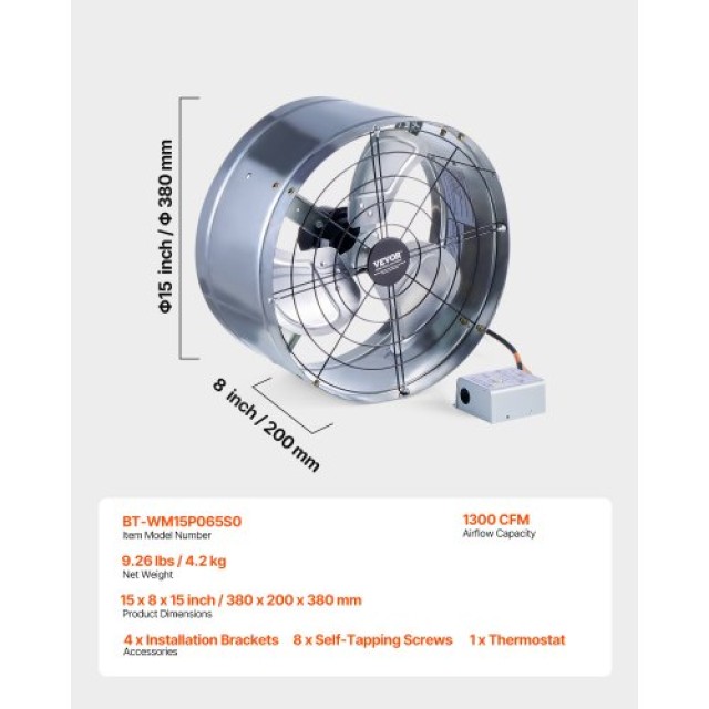 VEVOR Ανεμιστήρας Στέγης 15 1300 CFM με Ρυθμιζόμενο Θερμοστάτη SQFJ15YC1300339LIV2
