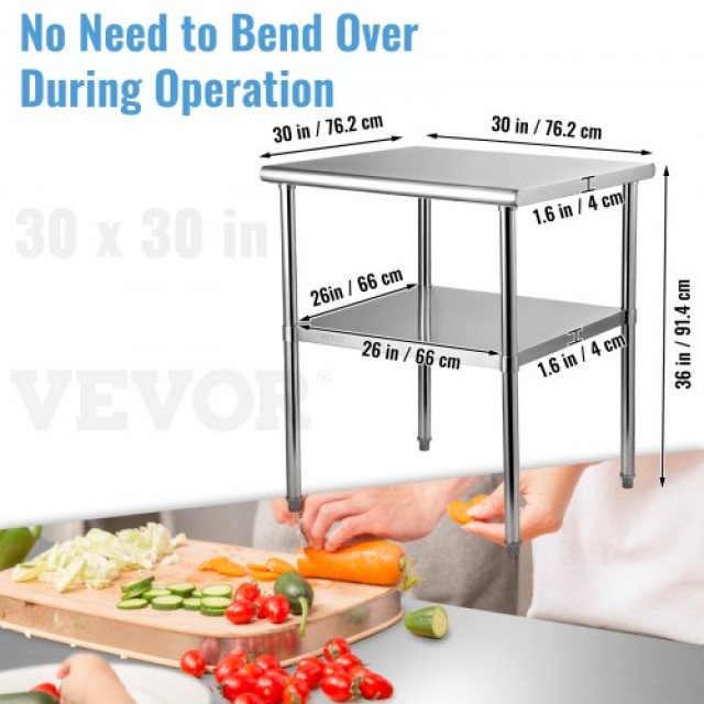 Τραπέζι Προετοιμασίας VEVOR Ανοξείδωτο 30x30x36, 800lbs, Ρυθμιζόμενο Ράφι & Πόδια  J30X30X36INCHMQ0DV0