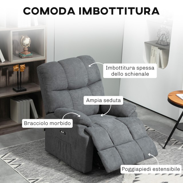 HOMCOM  Πολυθρόνα Ανύψωσης με Υποπόδιο και Τηλεχειριστήριο, από Ύφασμα με Εφέ Λινό, 84x96x100 εκ., Σκούρο Γκρι  713-043V91CG
