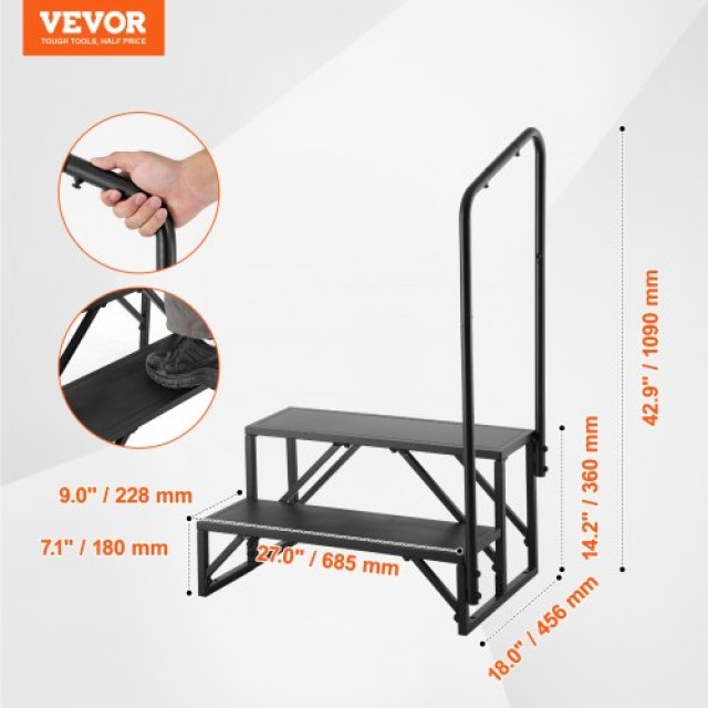 VEVOR  Σκαλοπάτια RV, 2 Σκαλοπάτια, 440 LBS, Χάλυβας, Με Κάγκελο, Αντιολισθητικά, Για RV/Τροχόσπιτο  FCBTGDKGDKHJ7940CV0