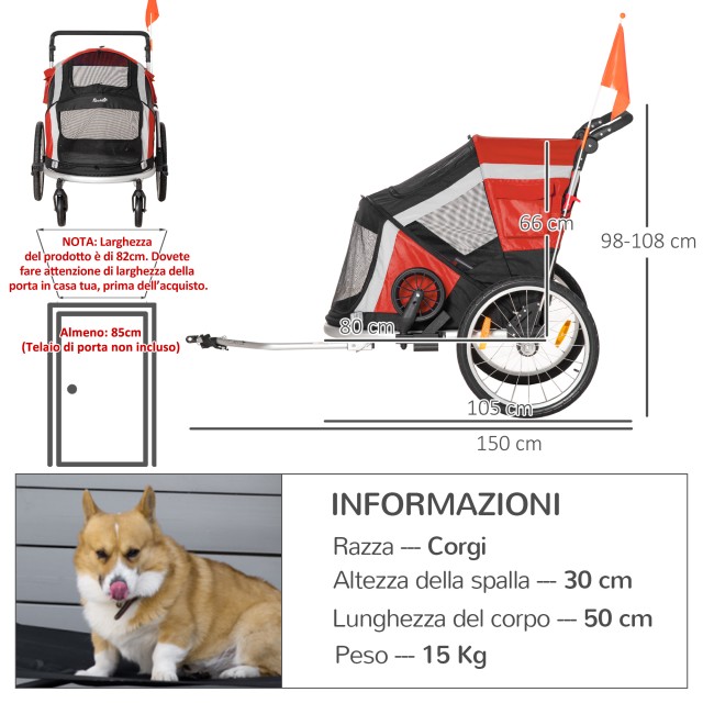 PawHut Dog Bike Trailer για σκύλους κάτω των 30 κιλών με 2 εισόδους, δίχτυα παράθυρα και ανοιγόμενη οροφή, 150x82x98-108cm D00-142RD