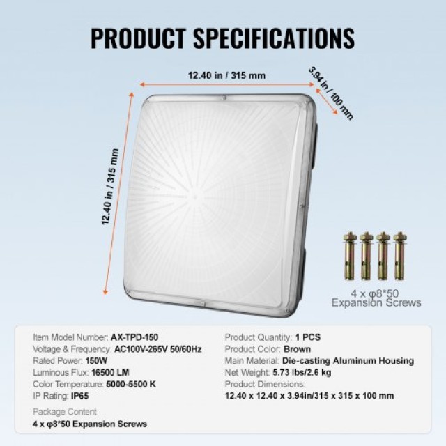 VEVOR LED Φωτιστικό Οροφής 150W 16500LM 5000K IP65 Εξωτερικού Χώρου  TPDDS150W1JTANN32V7