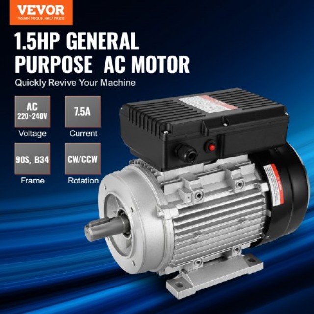 VEVOR 1.1KW Ηλεκτρικός Κινητήρας 1400RPM AC 220~240V 7.5A 1-Φάση 24mm Άξονας  TYJLIECDJ172URXJMV7