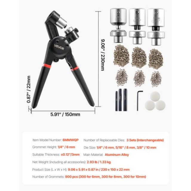 VEVOR Σύνολο Εργαλείων Γόμετρων 900 Τεμάχια (6 mm, 8 mm, 10 mm) Μετ...
