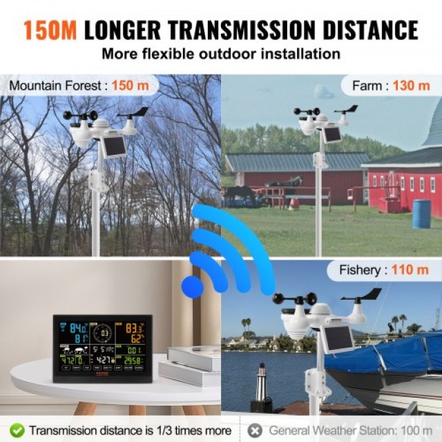 VEVOR 7-σε-1 Wi-Fi Μετεωρολογικός Σταθμός με Έγχρωμη Οθόνη 7.5, Αισ...