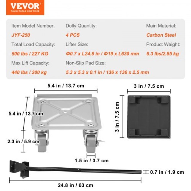 VEVOR Καρότσι Επίπλων με Ρόδες 360° & Χάλυβα, 500 lbs Ικανότητα Μεταφοράς  JYXTKH4500LBSW6MUV0