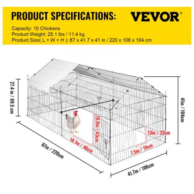 VEVOR Κοτέτσι 87 x 41.7 x 41, Μεταλλικό Κλουβί για Μικρά Ζώα με Αδιάβροχο Κάλυμμα  JS865X405X4052KLUV0