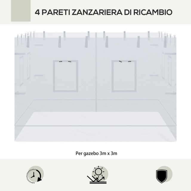 Outsunny 3x3 Nylon Gazebo Wall, Σετ 3 τεμαχίων κουνουπιέρα με 6 παράθυρα και πόρτα με φερμουάρ, 300Lx195cm 84C-410V00WT