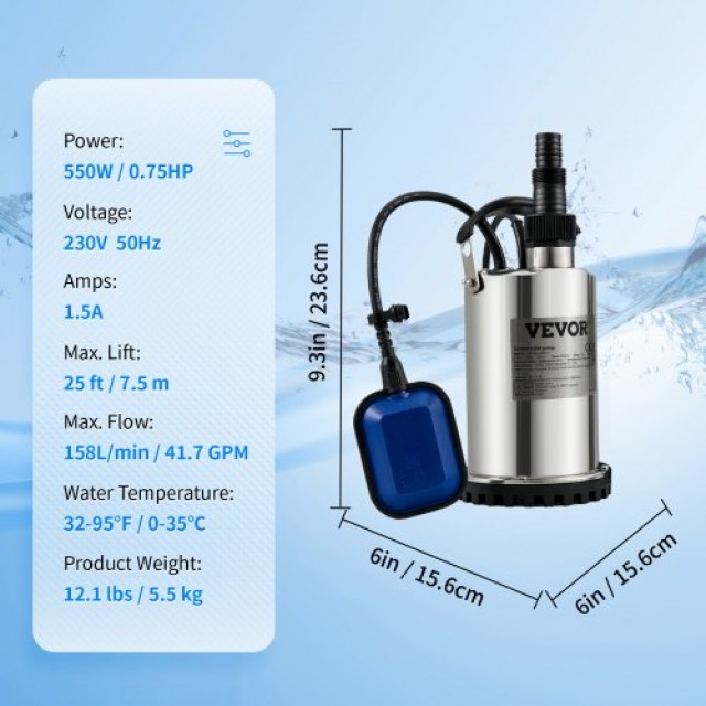 Υποβρύχια Αντλία VEVOR 550W, 9500L/H με Αυτόματο Φλοτέρ, Ανοξείδωτη για Καθαρό Νερό  WSBB075HP220V0FVJV2