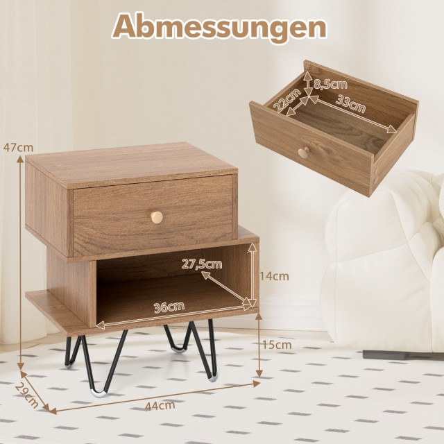 Costway Σετ Κομοδίνων Mid-Century Modern με Μεταλλικά Πόδια και Ευέλικτο Σχεδιασμό Αποθήκευσης HU10941NA-2