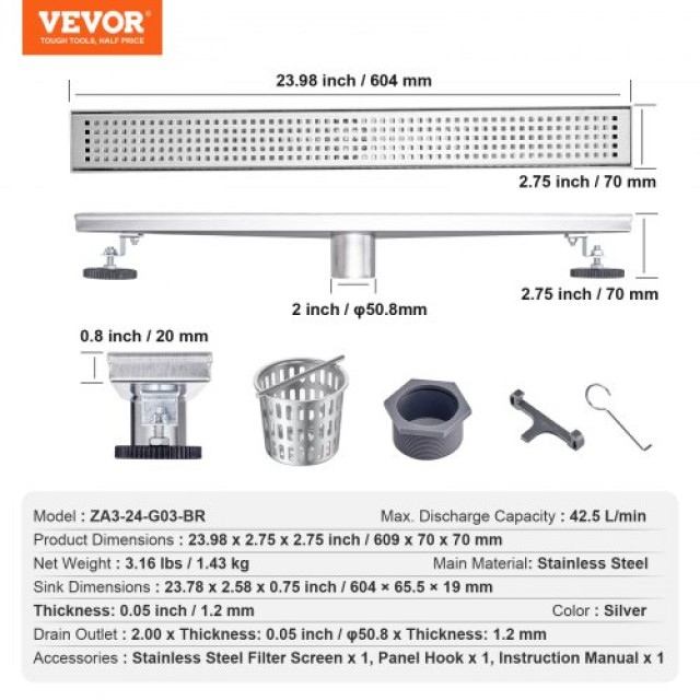 VEVOR Γραμμική Σχάρα Ντους 610mm με Τετράγωνο Σχέδιο, Ανοξείδωτο Ατσάλι 304, Ασημί  XXPSGBXGYSCKZD1TIV0