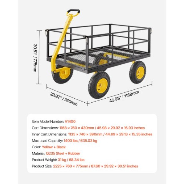 VEVOR Ατσάλινο Καρότσι Κήπου 1400lb Βαρέως Τύπου με Ρόδες 13in ZXHYTCHH1400QIBNMV0