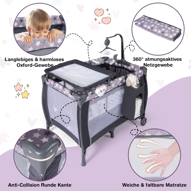 Costway Πτυσσόμενο Παρκοκρέβατο 3 σε 1 με Μαξιλάρι και Παιχνίδια - ...