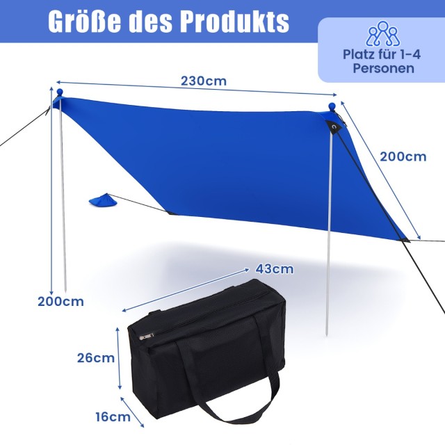 Costway παραλιακή σκηνή 230 x 200 cm UPF 50+ σκηνή ηλίου με άγκυρες άμμου, σακούλες άμμου και 2 υποστηρικτικές ράβδους Μπλε NP11638BL