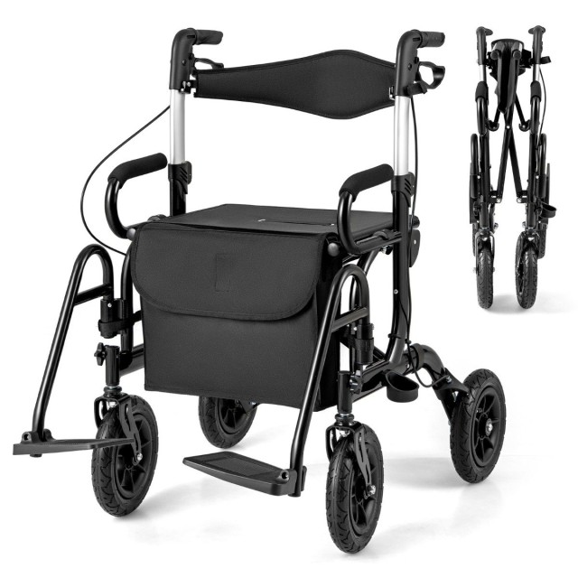 Costway Πτυσσόμενος Ελαφρύς Rollator με Φουσκωτούς Τροχούς και Κάθισμα 2 σε 1 Μαύρος JH10028BK
