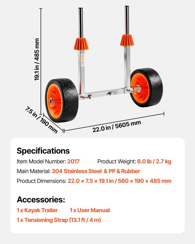 VEVOR Καγιάκ Καρότσι 113.4 κιλά Φορτίο, Διαστάσεις: 560 x 190 x 485...