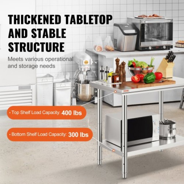 Τραπέζι Εργασίας VEVOR 60x90x80cm Ανοξείδωτο με Κάτω Ράφι για Επαγγ...