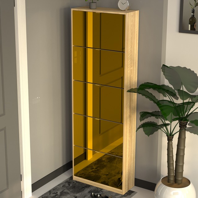 BAKAJI Λεπτή Καφέ Παπουτσοθήκη με 5 Πόρτες και Καθρέφτη με Εξοικονο...