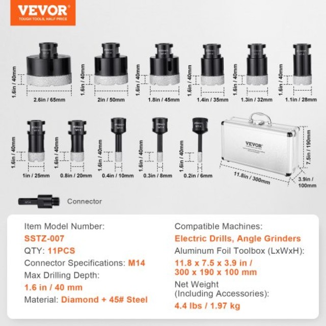 Σετ Διαμαντοκορώνων VEVOR, 11 τεμ. 6-65mm, με Σύνδεσμο M14 και Θήκη...