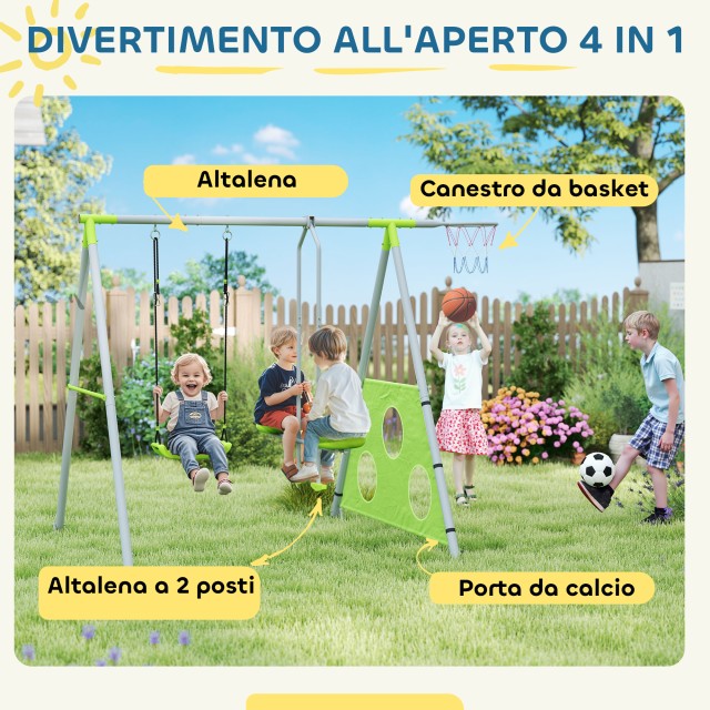 AIYAPLAY Παιχνίδι για Παιδιά 4 σε 1 με 2 Κούνιες Κήπου, Καλάθι και Ποδοσφαιρικό Τέρμα, 215x180x182 εκ., Πράσινο και Γκρι 344-088V00GN