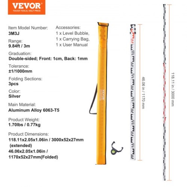 Ράβδος Μέτρησης VEVOR 3M Τηλεσκοπική με Αλφάδι & Τσάντα  GZCLG3M00000M7YV4V0
