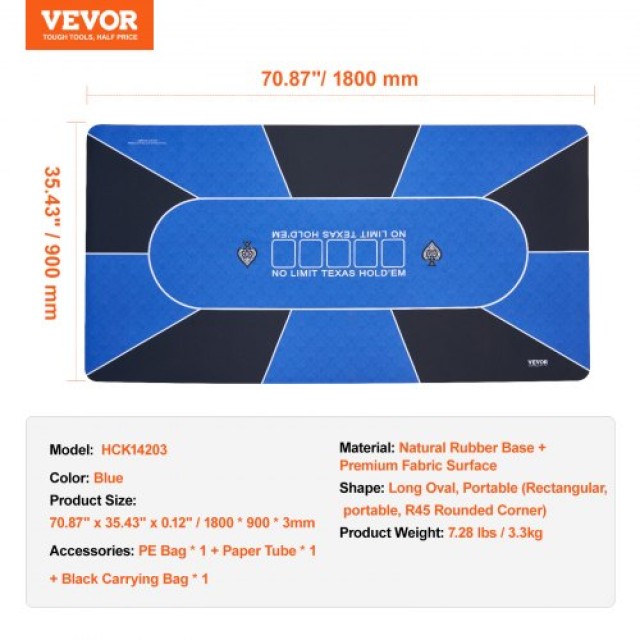 VEVOR Πτυσσόμενο Τραπέζι Πόκερ 70x35 εκ. για 6-8 Παίκτες με Τσάντα Μπλε  PKZD705X355I8X836V0