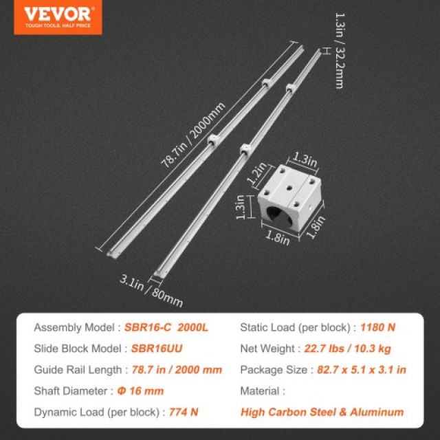 VEVOR  Σετ Γραμμικής Οδηγίας SBR16 2000mm, 2 Οδηγοί 78.7 in/2000 mm...
