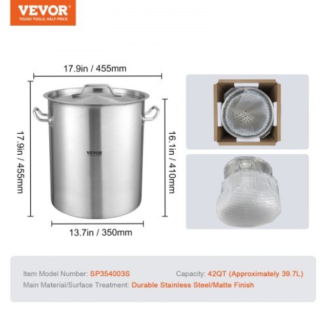 VEVOR Ανοξείδωτη Κατσαρόλα 42Qt με Σουρωτήρι & Καπάκι για Μεγάλες Εκδηλώσεις Ασημί  TGDDBX20142QT4Z4LV0