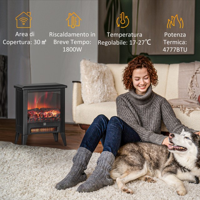 HOMCOM  Ηλεκτρικό Τζάκι 1800W με Εφέ Φλόγας σε 3 Εντάσεις, από Μέταλλο και Γυαλί, 36x21x47 εκ., Μαύρο  820-407V90BK