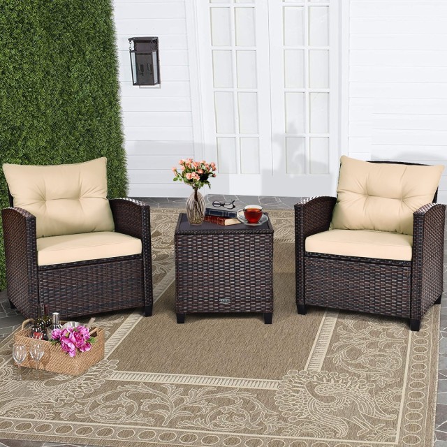 Costway  Σετ Έπιπλα Rattan 3 Τεμαχίων για Κήπο ή Βεράντα με Μαξιλάρια και Τραπέζι με Γυάλινη Επιφάνεια HW68667BN