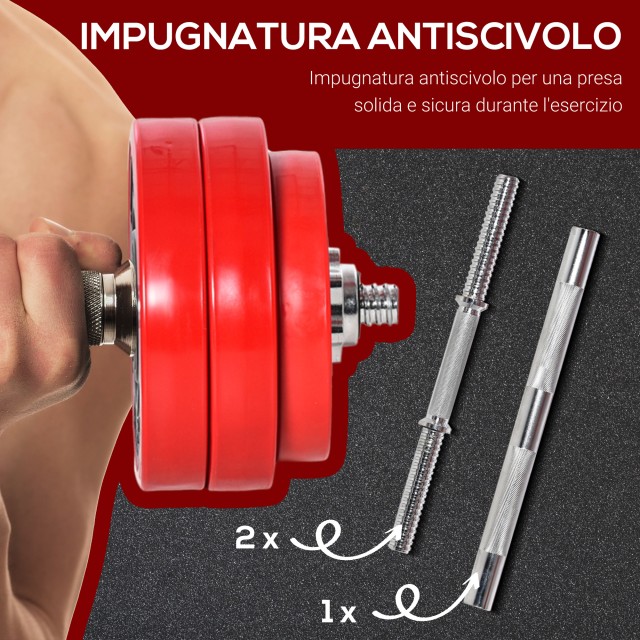 HOMCOM Barbell and Dumbbell Σετ 2 σε 1 Βάρη 30kg, Δίσκοι με πλαστική επίστρωση ανθεκτική στις γρατσουνιές, κόκκινο A91-156