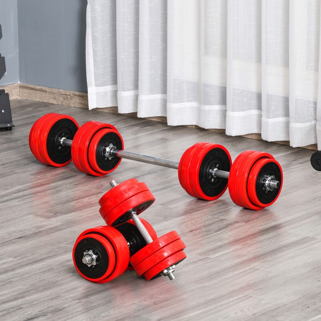 HOMCOM Barbell and Dumbbell Σετ 2 σε 1 Βάρη 30kg, Δίσκοι με πλαστική επίστρωση ανθεκτική στις γρατσουνιές, κόκκινο A91-156