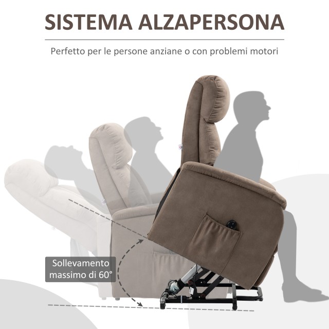 HOMCOM Lift Chair Ανακλινόμενη 150° max με τηλεχειριστήριο και στήριγμα ποδιών, 75x93x110 cm, καφέ 713-082V91BN