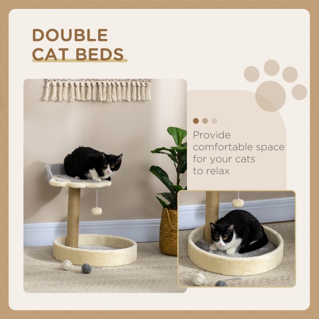 PawHut Scratching Post για γάτες με κρεβάτια, σχοινί γιούτας και βελούδινο, 41x41x44 cm, γκρι και μπεζ D30-603V00LG