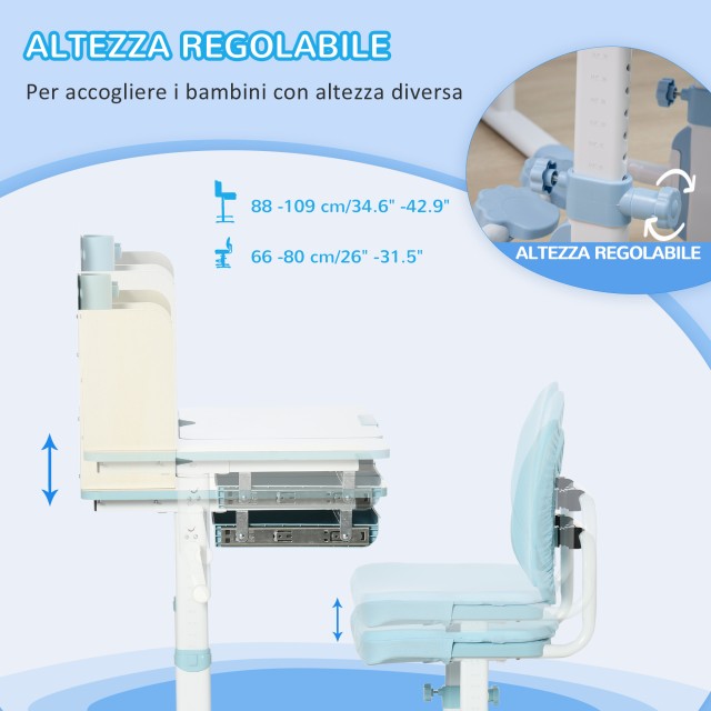 Σετ Σχολικό Μεταλλικό Γραφείο 80 x 52 x 88-109 cm με Καρέκλα 2 τμχ Χρώματος Μπλε HOMCOM 312-088V00BU
