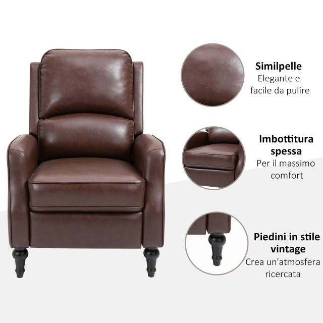 HOMCOM Manual Ανακλινόμενη Πολυθρόνα Relax σε καφέ δερματίνη 833-969
