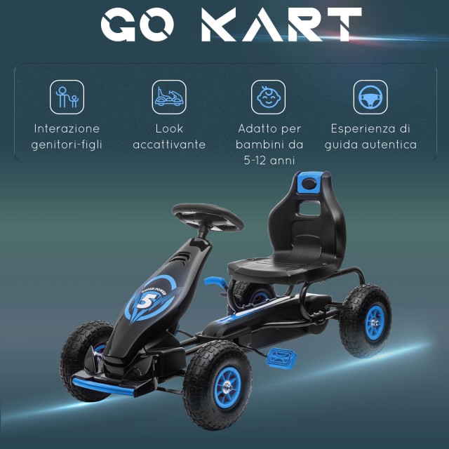 HOMCOM Pedal Go Kart για παιδιά από 5-12 ετών με ρυθμιζόμενο κάθισμα και φουσκωτούς τροχούς, μπλε 370-256V00BU