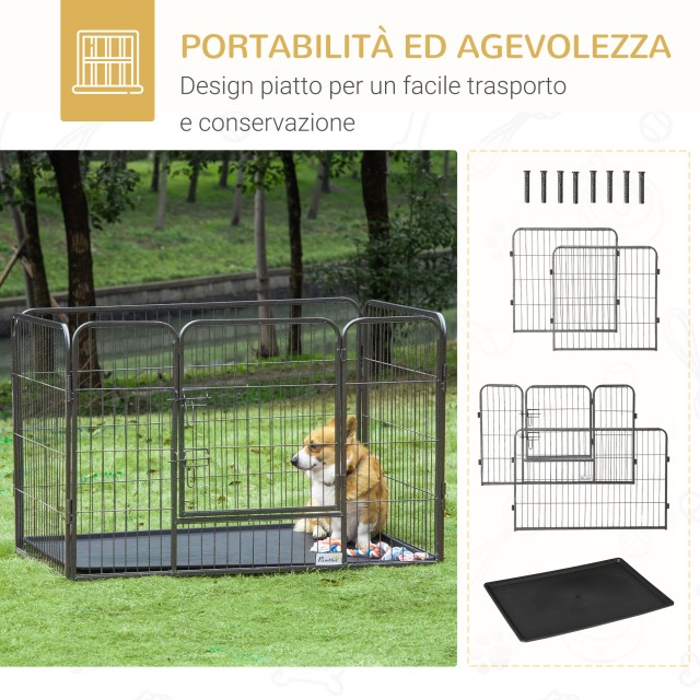 PawHut Dog Παρκοκρέβατο Μεταλλικός φράχτης για κατοικίδια με 4 πάνελ, διπλή πόρτα κλειδώματος και κάτω δίσκος, 125x78x80cm, γκρι D06-138V01