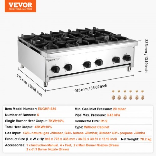 VEVOR  Εμπορική Εστία Αερίου 6 Καυστήρες Επιτραπέζια Κουζίνα SYTSRQ...